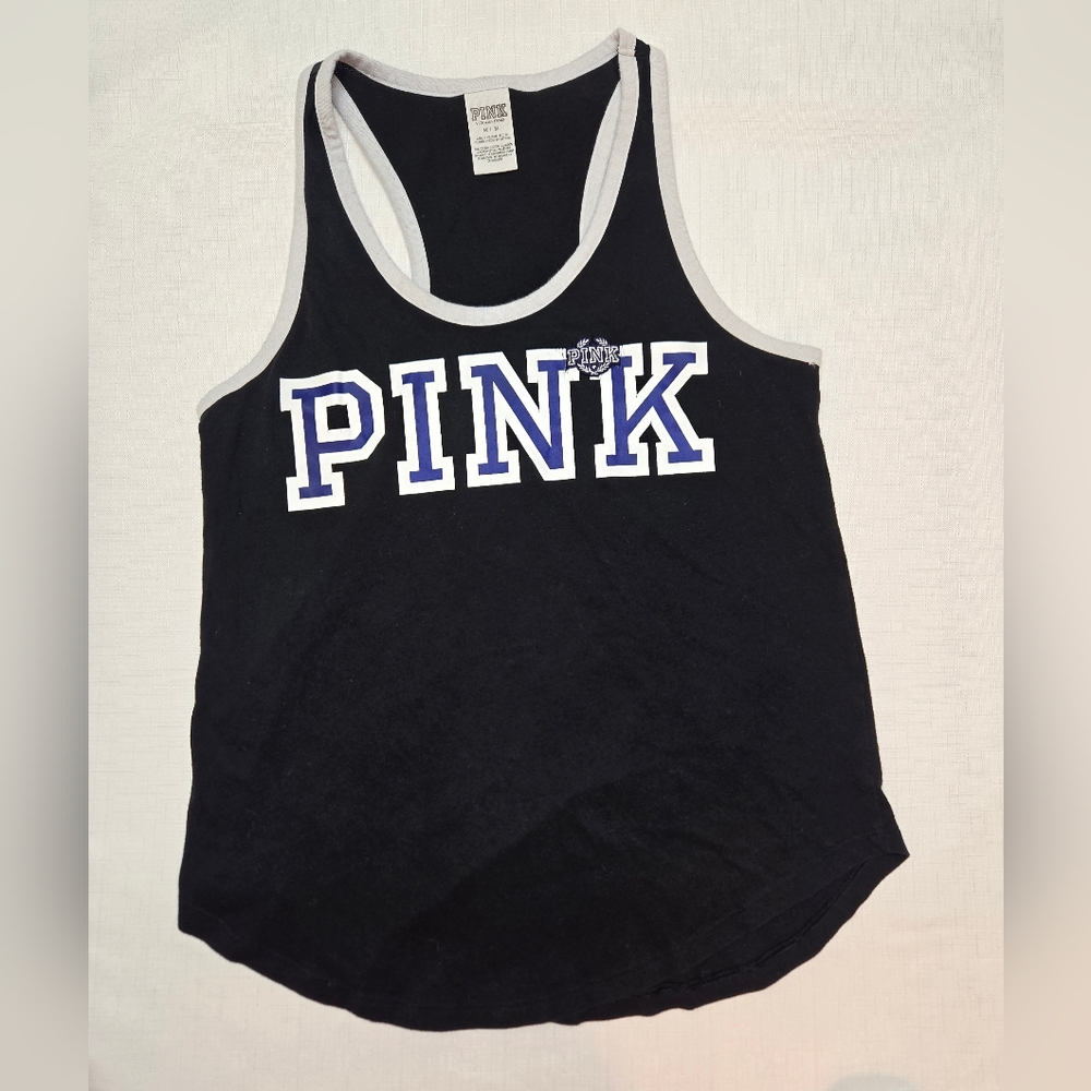 PINK Victoria's Secret Black Tank with White Trim and Blue Logo